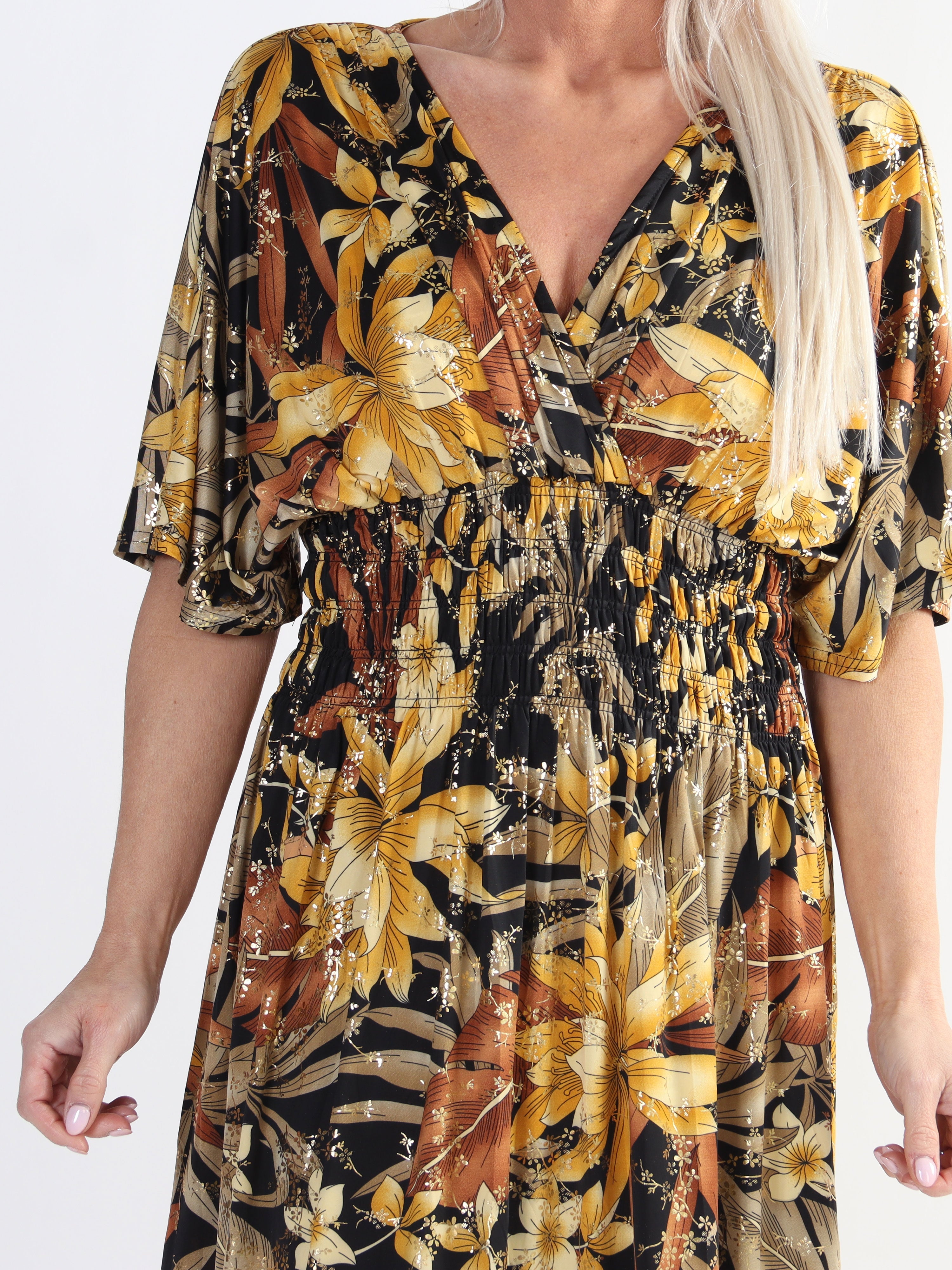 Pams Midi - Blommig klänning med resår i skrynkelfritt tyg för stora storlekar